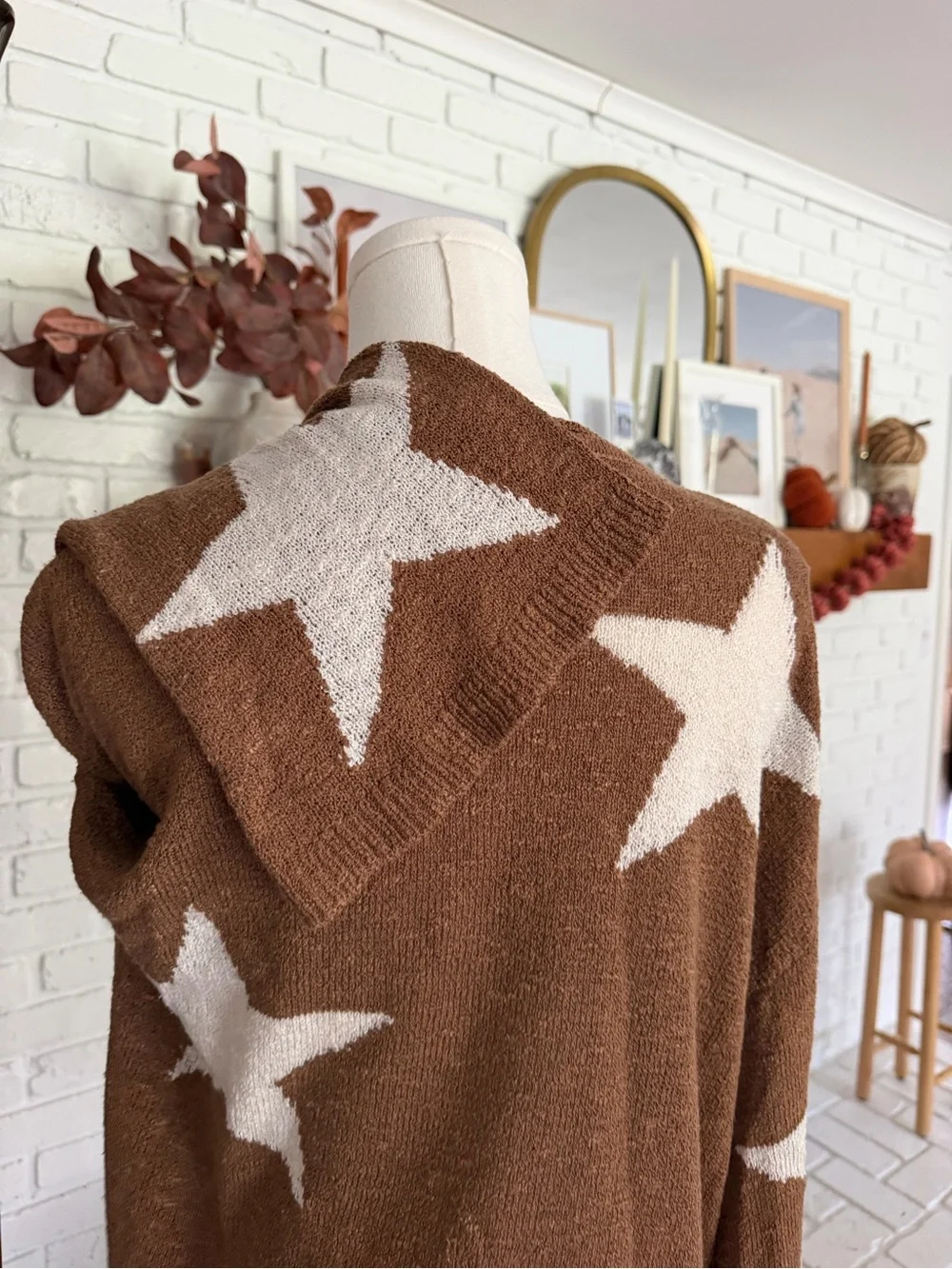 Altar'd State Brown Star Crewneck Sweater with Cream Stars